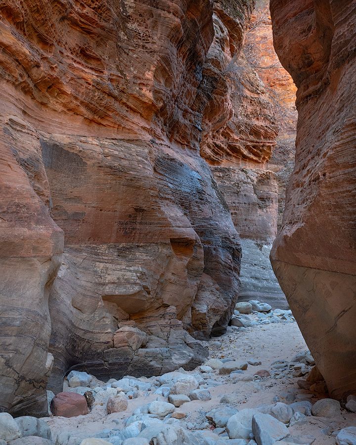 Narrow slot canyon with smooth sandstone walls reveals layered rock formations in warm orange and red hues.