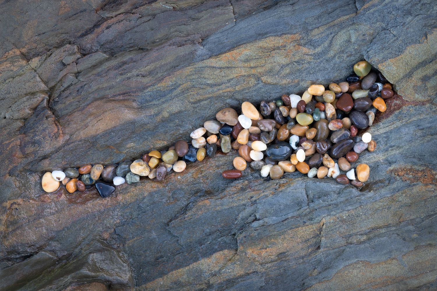 Colorful pebbles arranged in a line on textured blue rock surface.