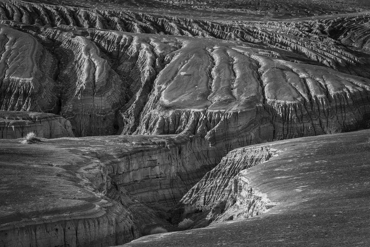 Black and white panoramic landscape photograph showing dramatic eroded rock formations in a desert canyon.