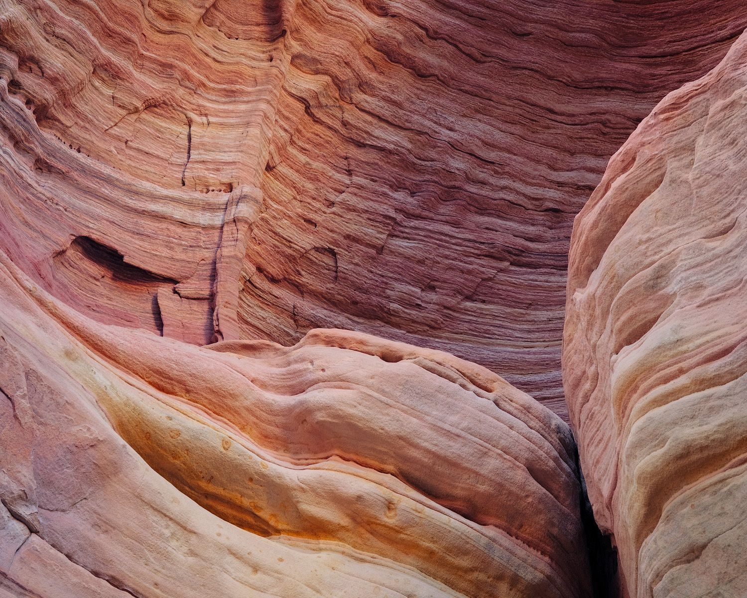 Panoramic view of smooth red sandstone canyon walls with curved patterns and natural erosion formations in desert landscape.