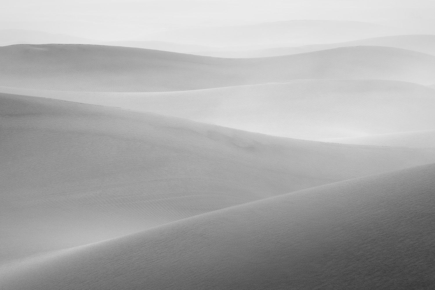 Minimalist black and white landscape photograph of rolling desert sand dunes with soft shadows and curves.