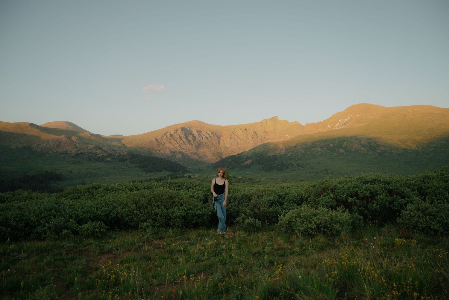 A series of panoramic landscape photos showing rolling hills and mountains at sunset with green vegetation in the foreground.