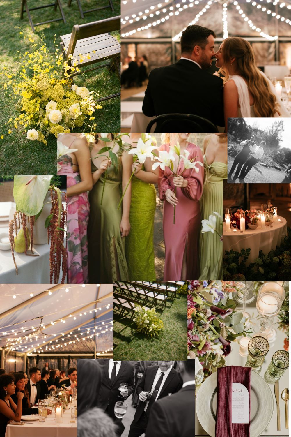 A wedding collage featuring floral arrangements, string lights, bridesmaids in mixed green and pink dresses, and elegant table settings.