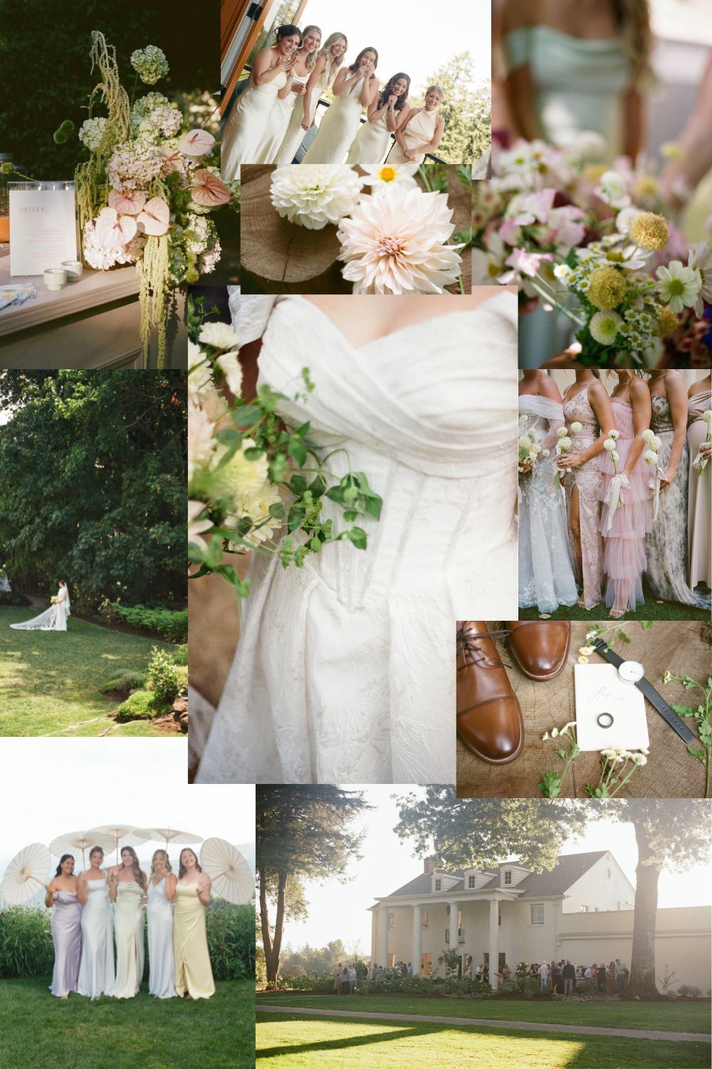 Romantic wedding photo collage featuring blush pink bridesmaid dresses, floral arrangements, and elegant bridal details.
