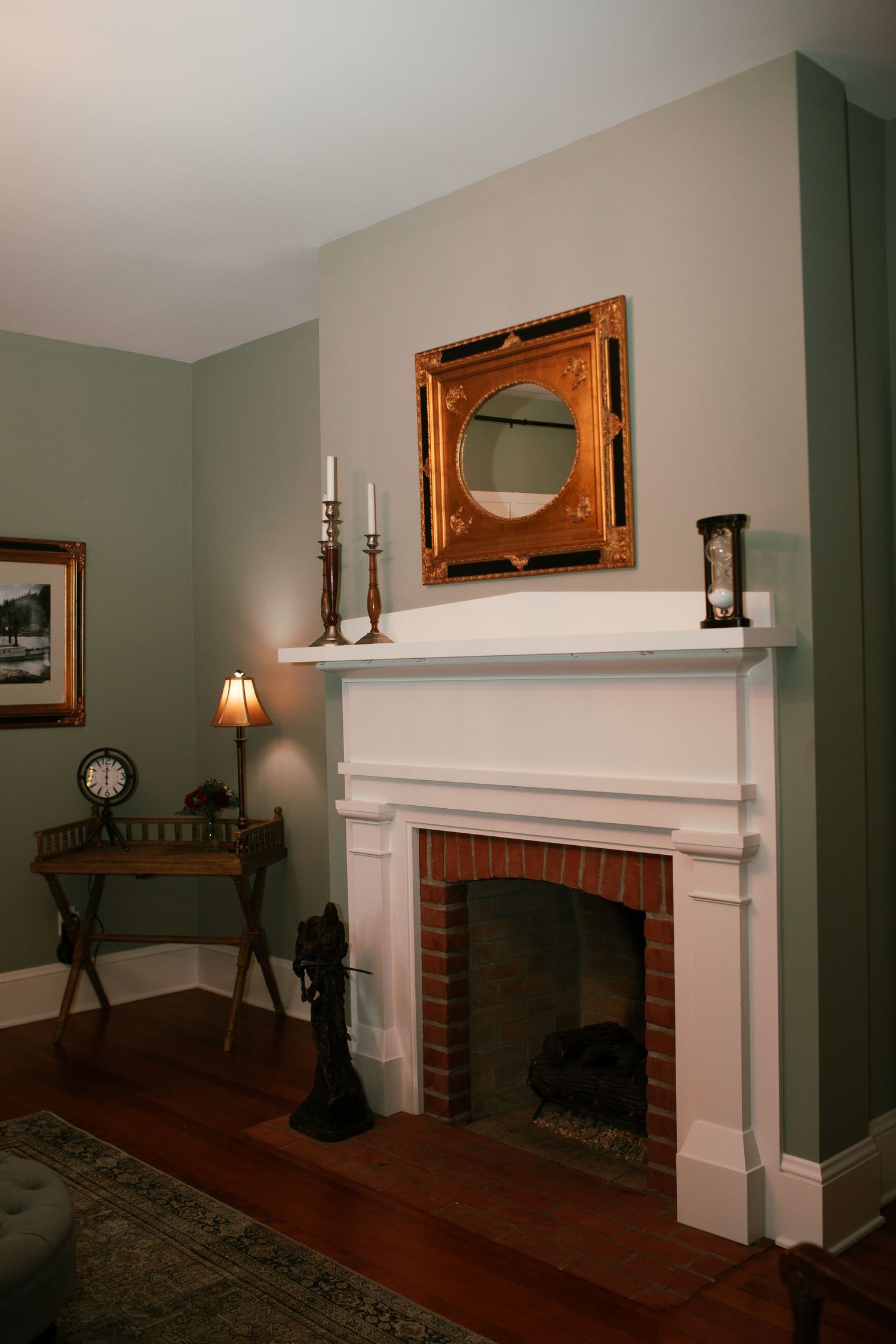 A series of five interior photos showing a white fireplace mantel against sage green walls with hardwood floors and decorative accents.