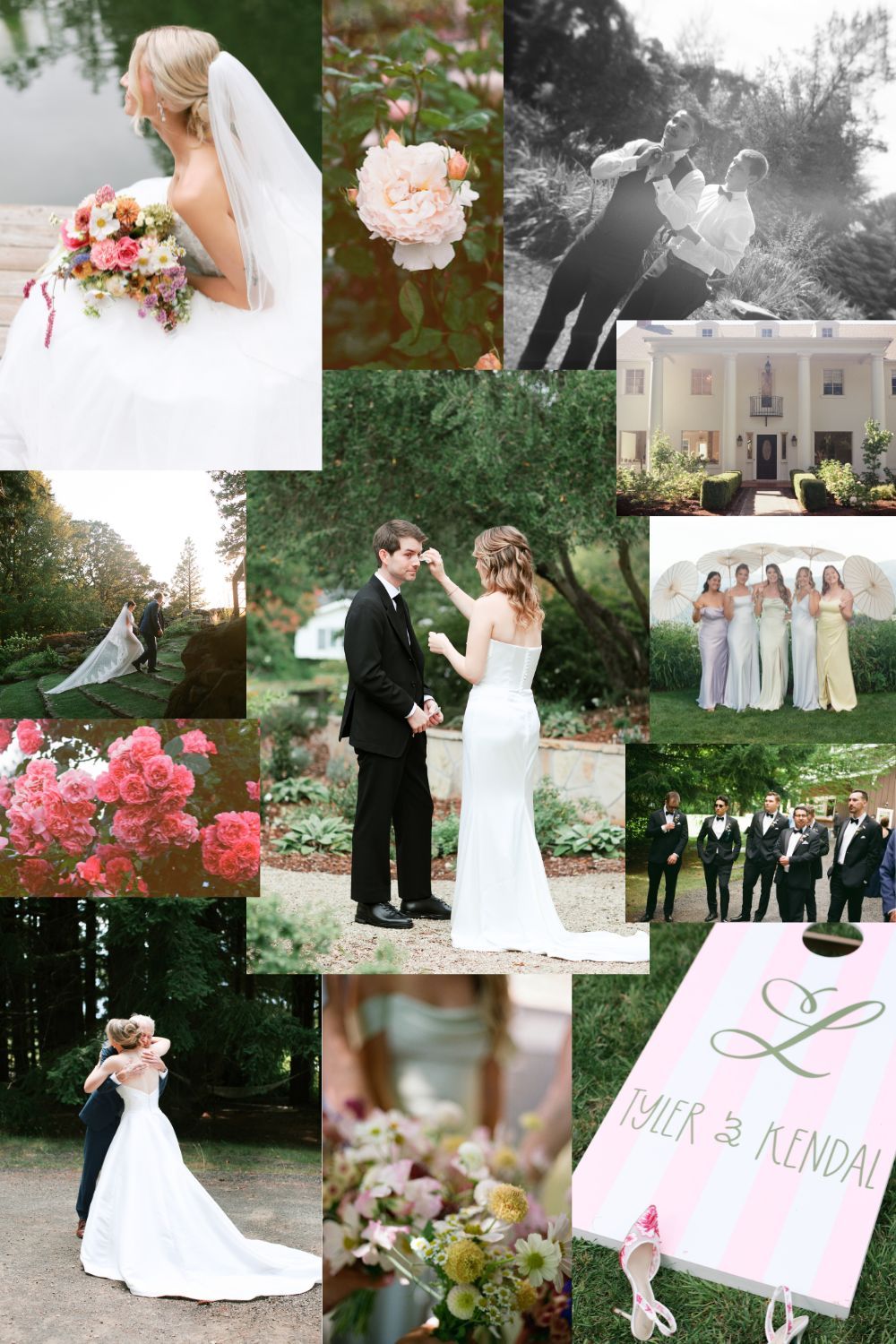 Wedding photo collage featuring outdoor garden ceremony scenes with floral arrangements and formal attire in natural settings.