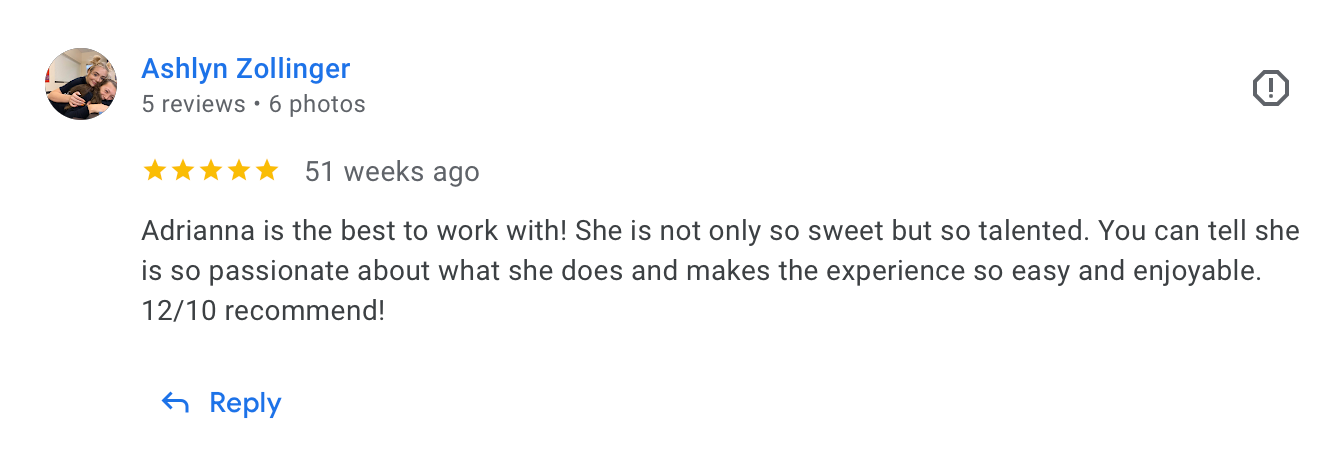 A screenshot of a positive 5-star review comment praising an experience as sweet and talented.