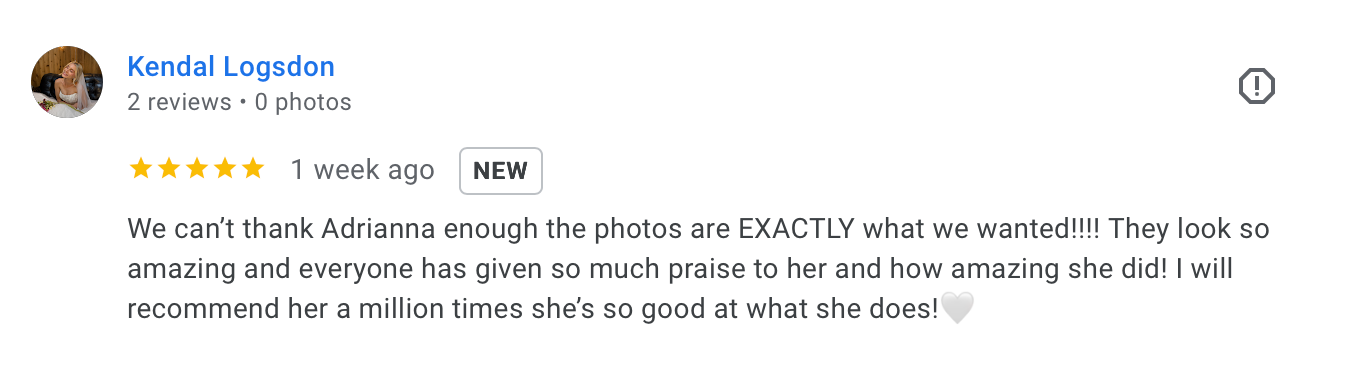A positive 5-star customer review praising photo quality and recommending a photography service.