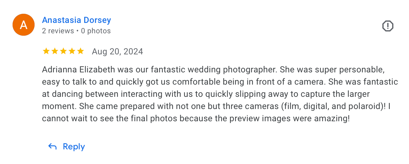 A customer review screenshot showing a 5-star rating and positive feedback about a wedding photographer's services.