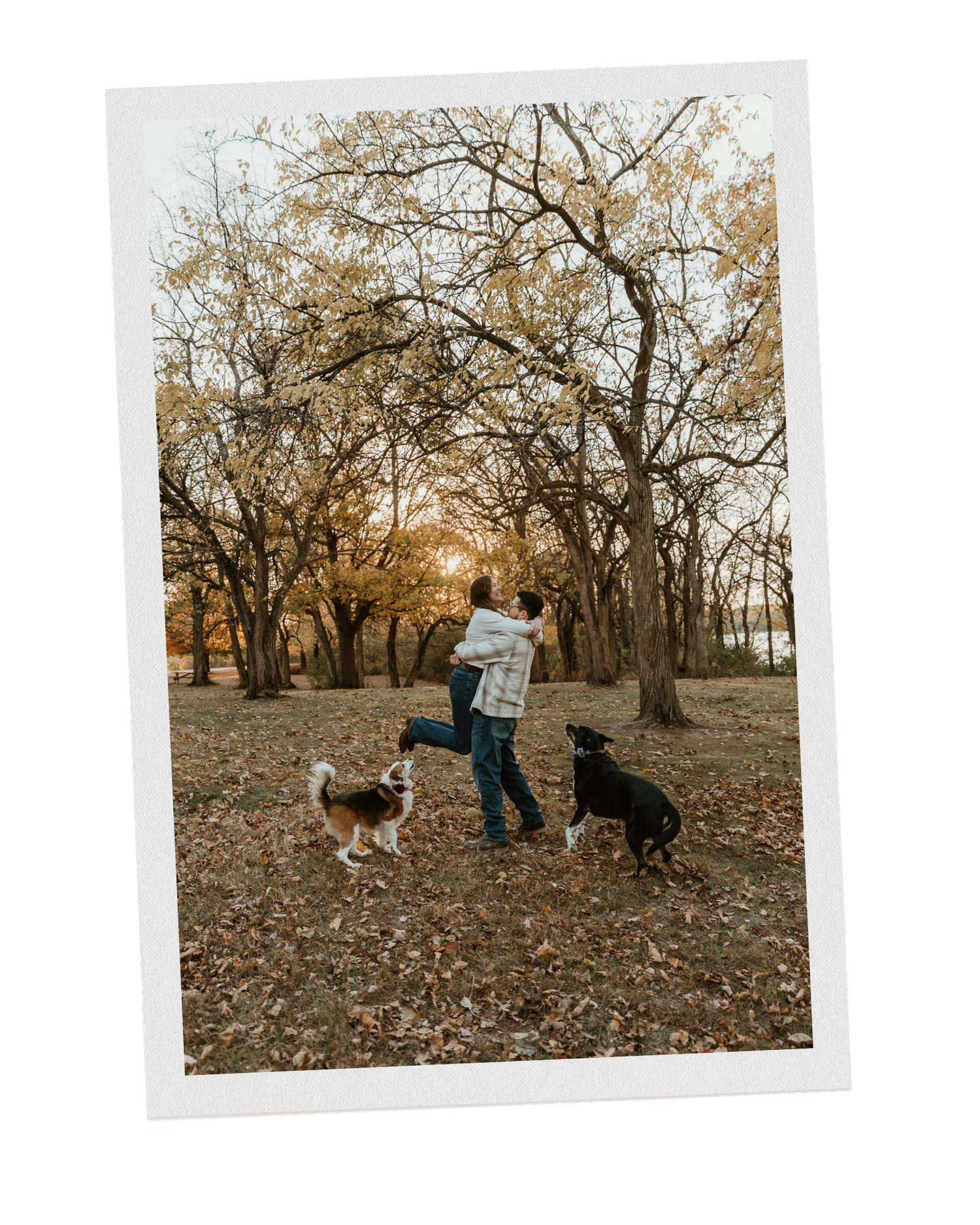 Couple spinning while their dogs stand around them during a couples session with Central Illinois Photographer