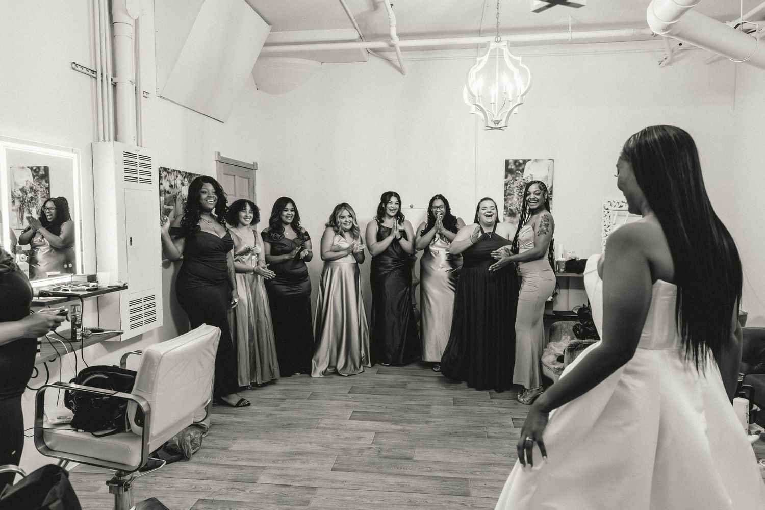 Bride's first look with her bridesmaids during getting ready process captured by illinois wedding photographer