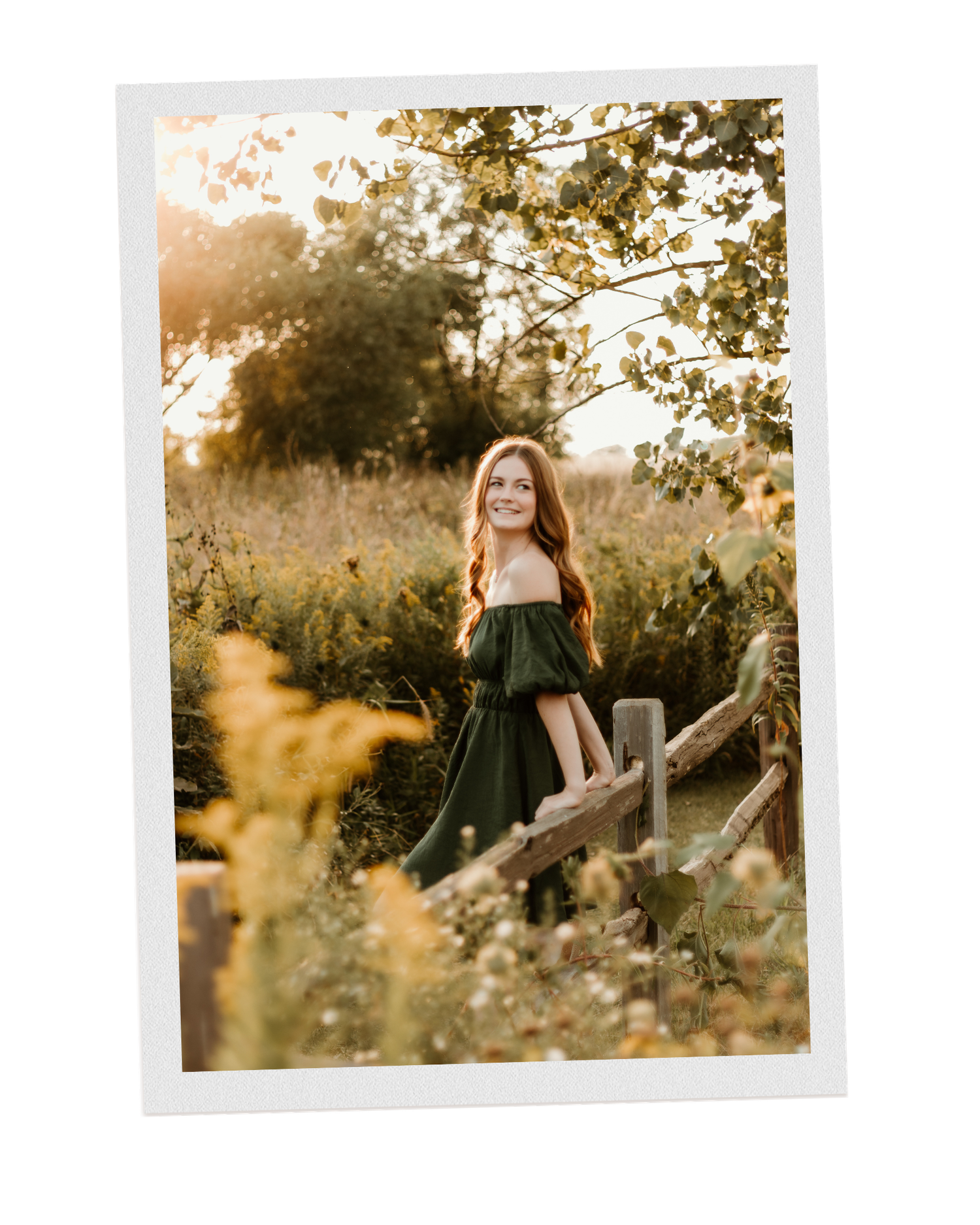 Senior leaning on a wooden fence while posing in front of tall grass and a golden sunset