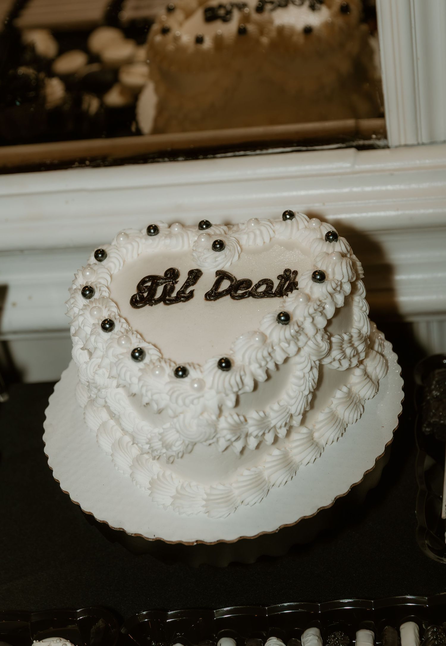 Til death do us part wedding cake detail photo captured during reception by illinois wedding photographer