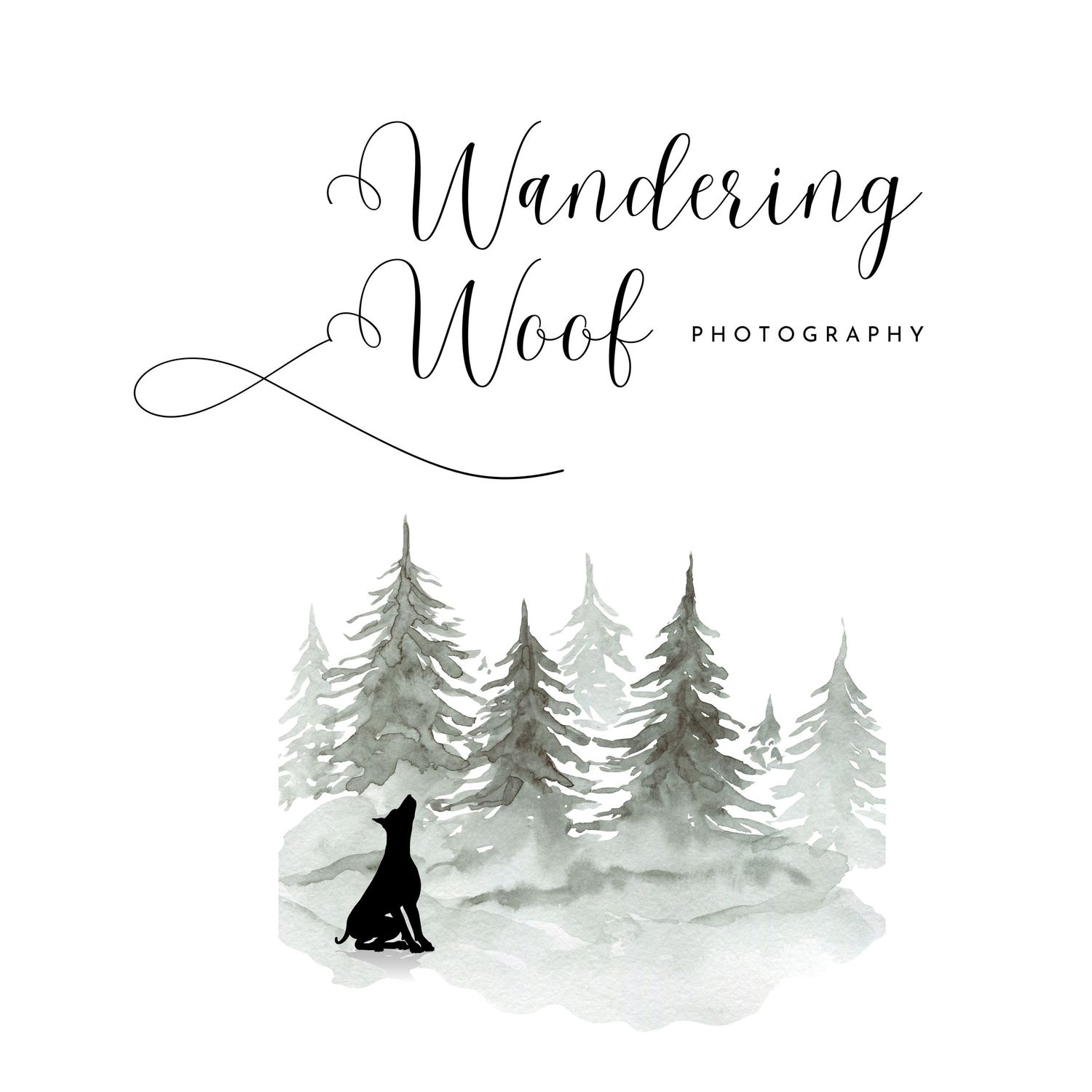Wandering Woof Photography logo with a dog silhouette among misty watercolor pine trees in soft gray tones.
