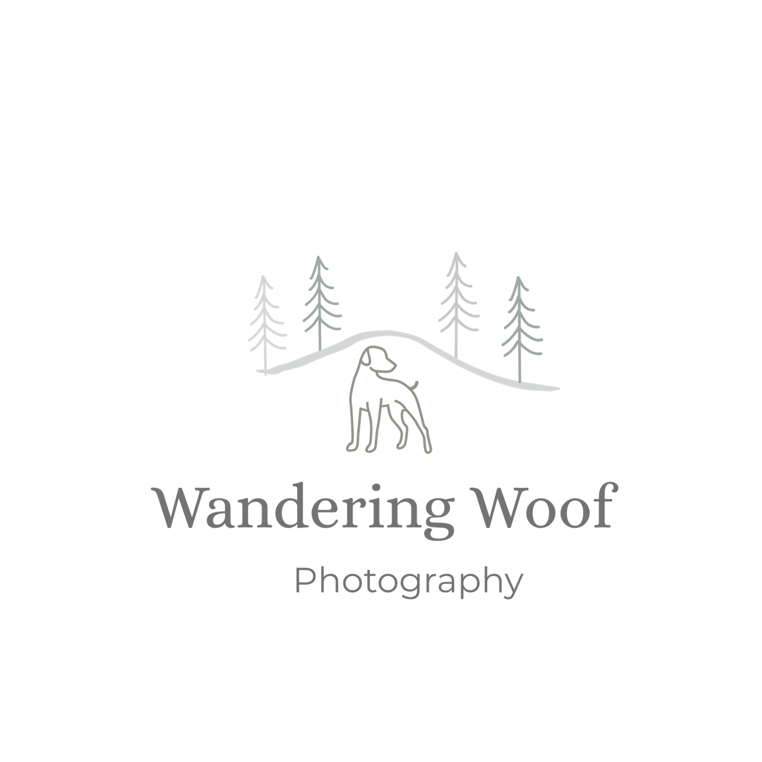 Wandering Woof Photography logo featuring a dog silhouette among pine trees and hills in minimalist gray line art style.