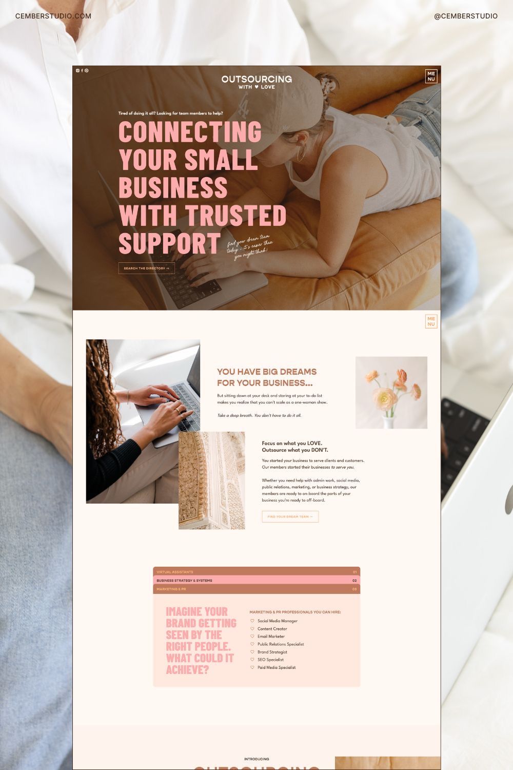 Website mockup designs featuring soft pink and brown color scheme with business support and connection themes.
