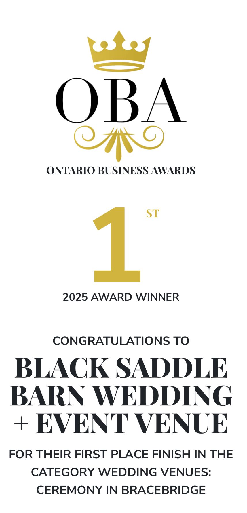 Gold crown and award graphics for Ontario Business Awards celebrating Black Saddle Barn Wedding Venue in Bracebridge.