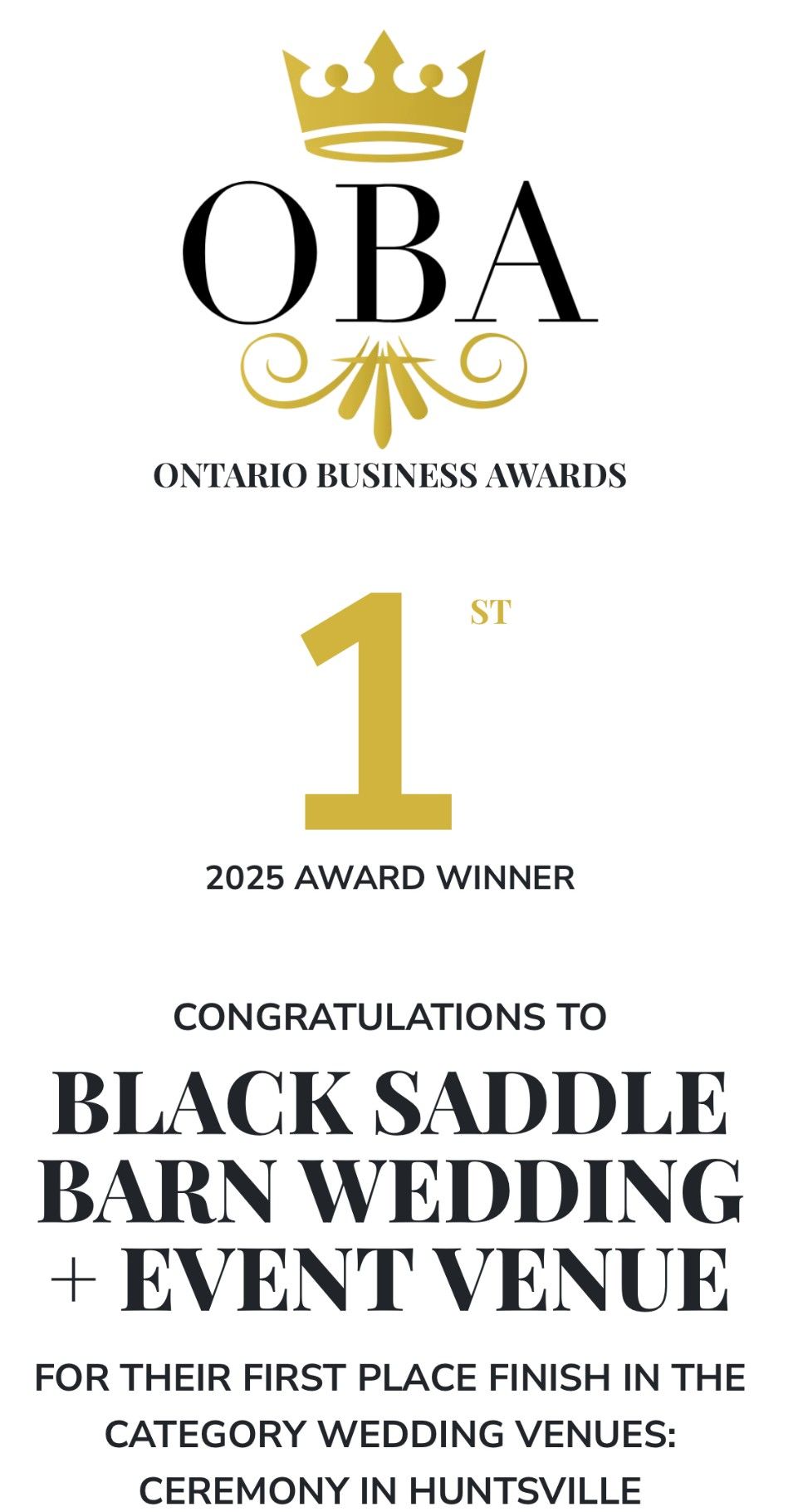 Gold-themed business award certificate design announcing Black Saddle Barn Wedding Venue as a first place winner.