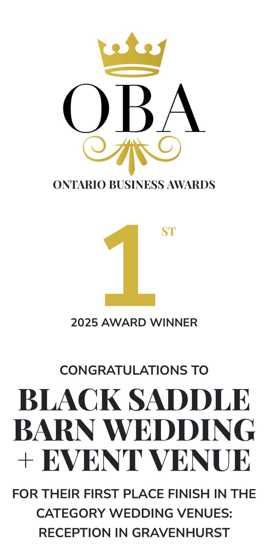 Gold-accented award announcement for Black Saddle Barn Wedding Venue winning first place in Ontario Business Awards 2025.
