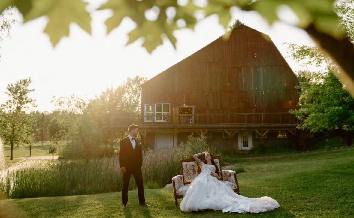 A romantic wedding photo sequence showing silhouettes against a sunset with a rustic barn in the background.