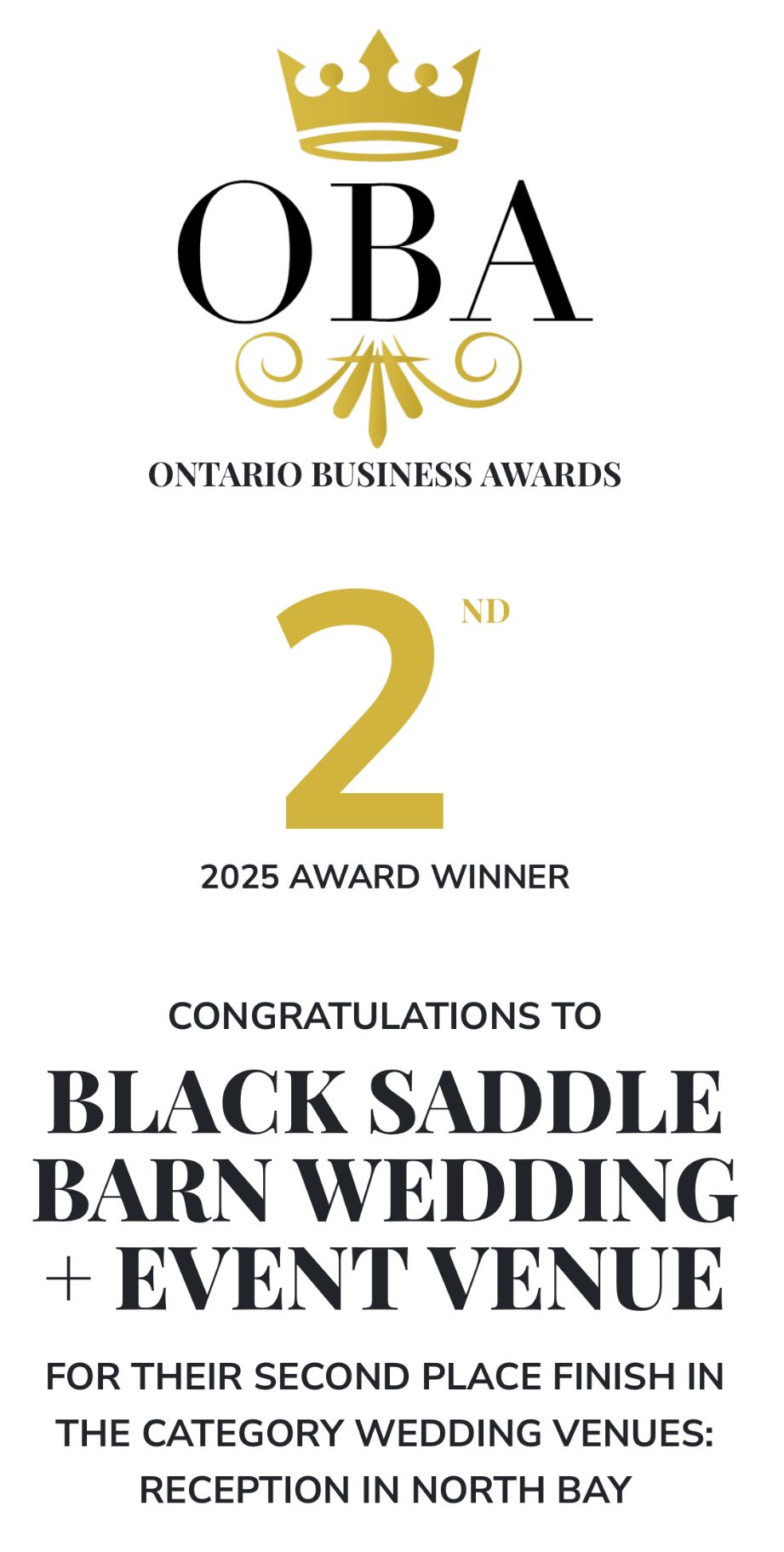 Ontario Business Awards logo and certificate for Black Saddle Barn Wedding Venue's second place in North Bay wedding venues.