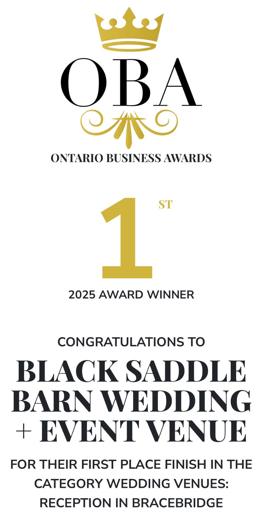 Gold crown logo and text announcing Black Saddle Barn Wedding Venue as Ontario Business Awards 2025 winner in Bracebridge.