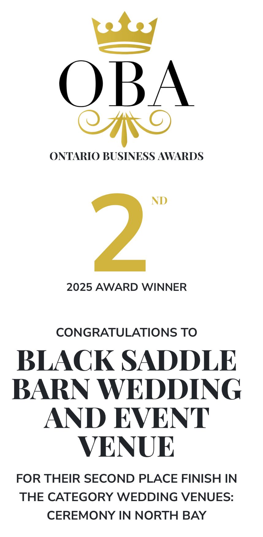 A gold and black award certificate for Black Saddle Barn Wedding Venue's second place finish in Ontario Business Awards.