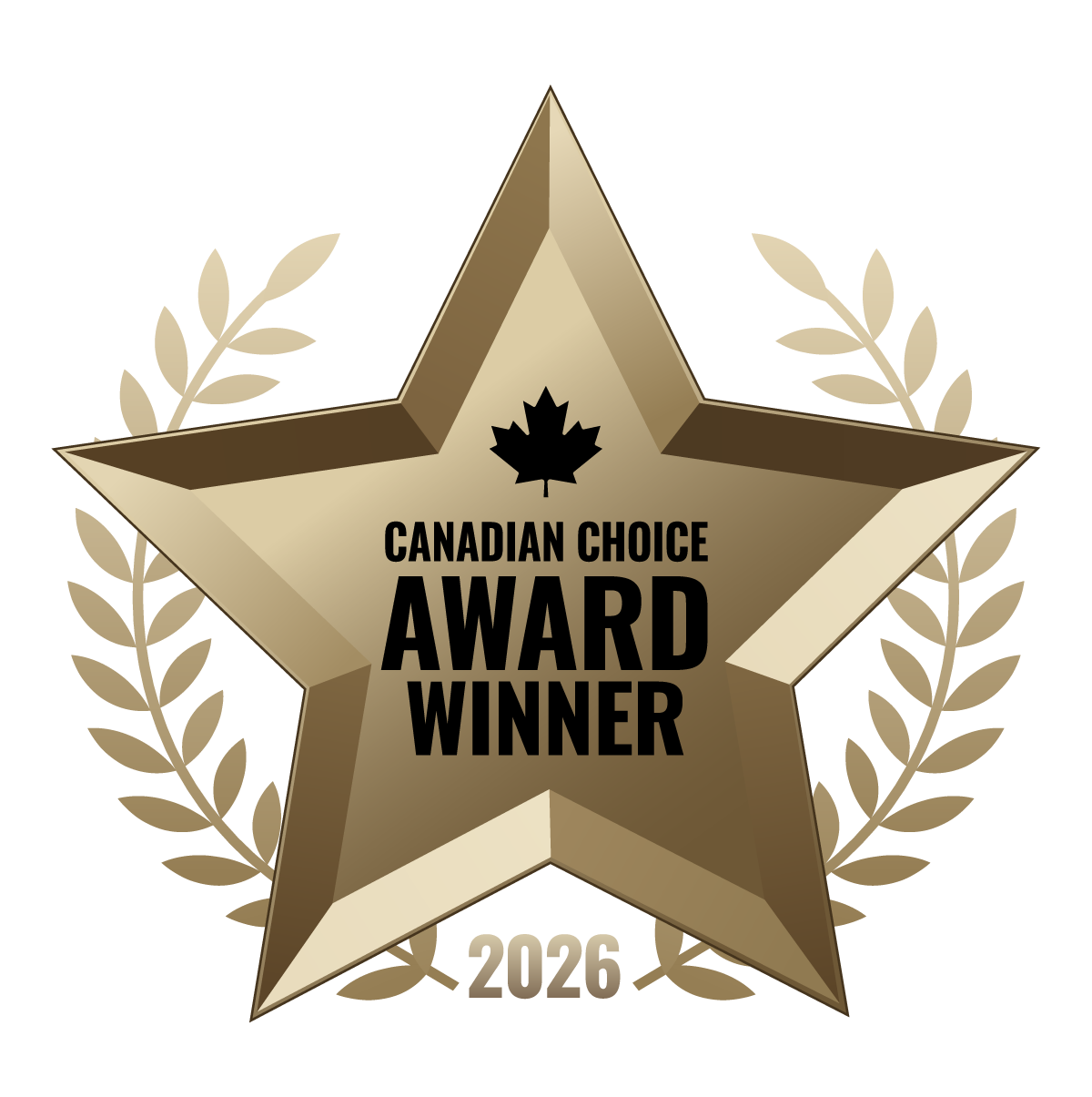 Four gold star award badges with laurel wreaths and maple leaf designs arranged in a row.