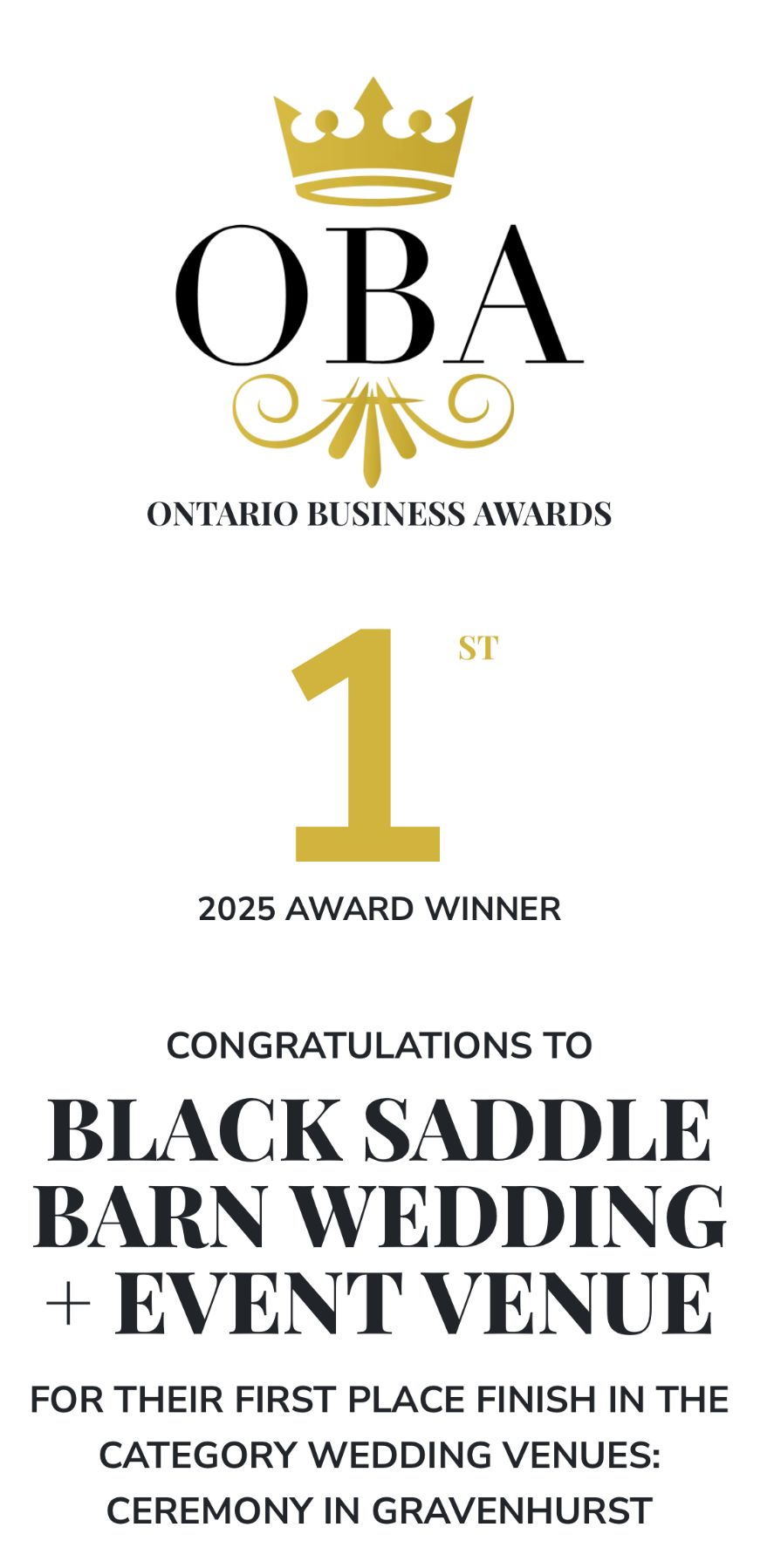 Ontario Business Awards first place certificate for Black Saddle Barn Wedding Venue in Gravenhurst wedding ceremony category.