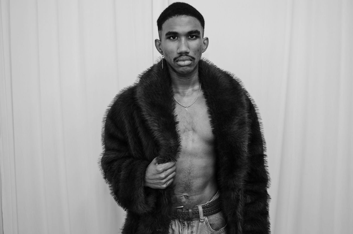 Studio editorial shoot in black and white.