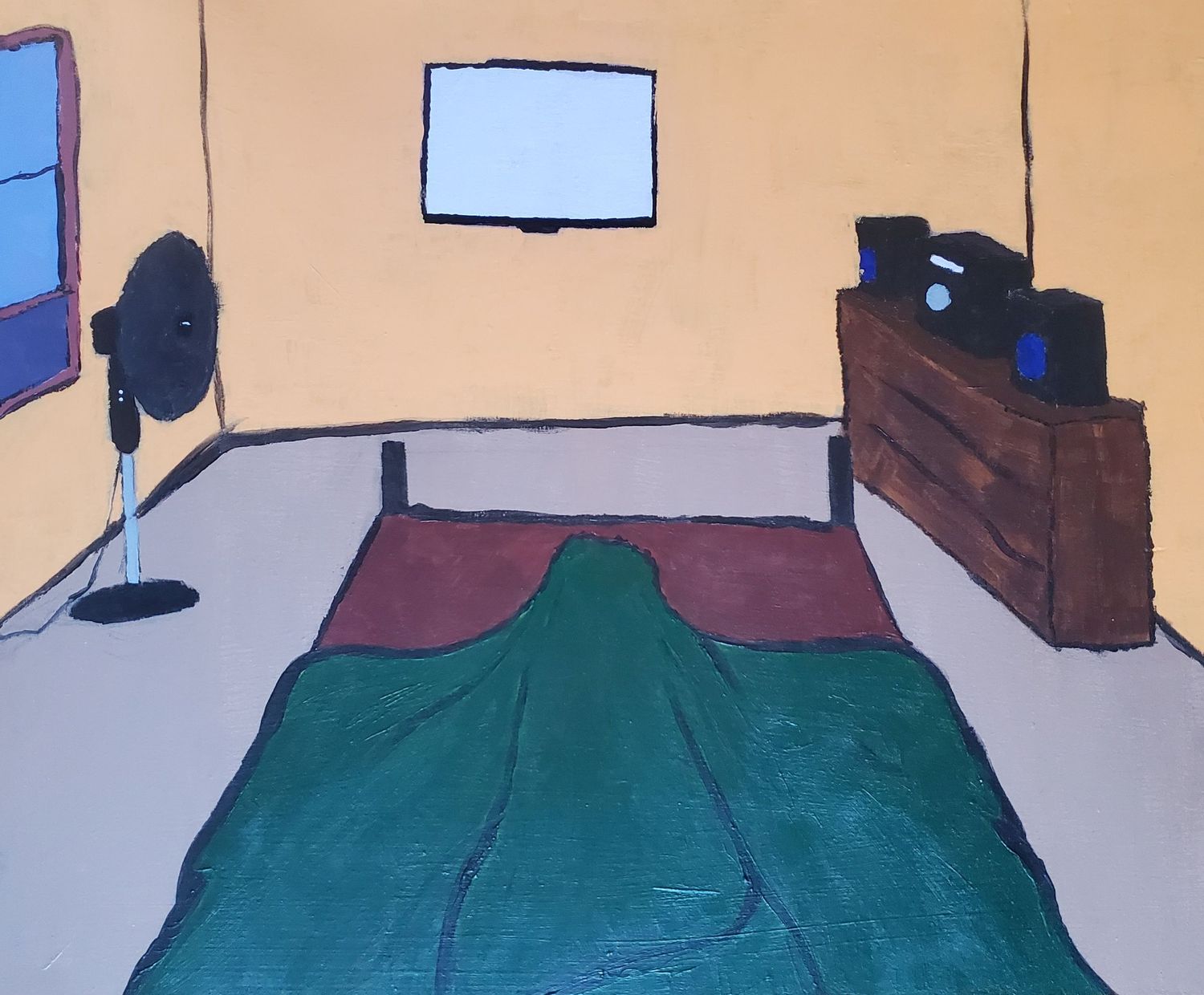 Self portrait painting on wood panel with acrylic. Homebody loneliness.
