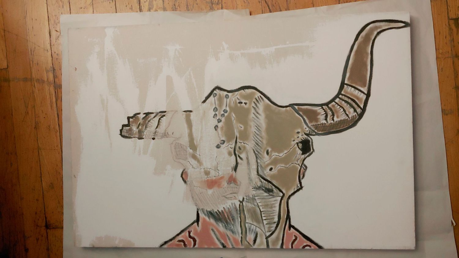 Painting of the process of creating art. No idea, ideas taking shape, then giving it life. Canvas, pencil, and oil paint.