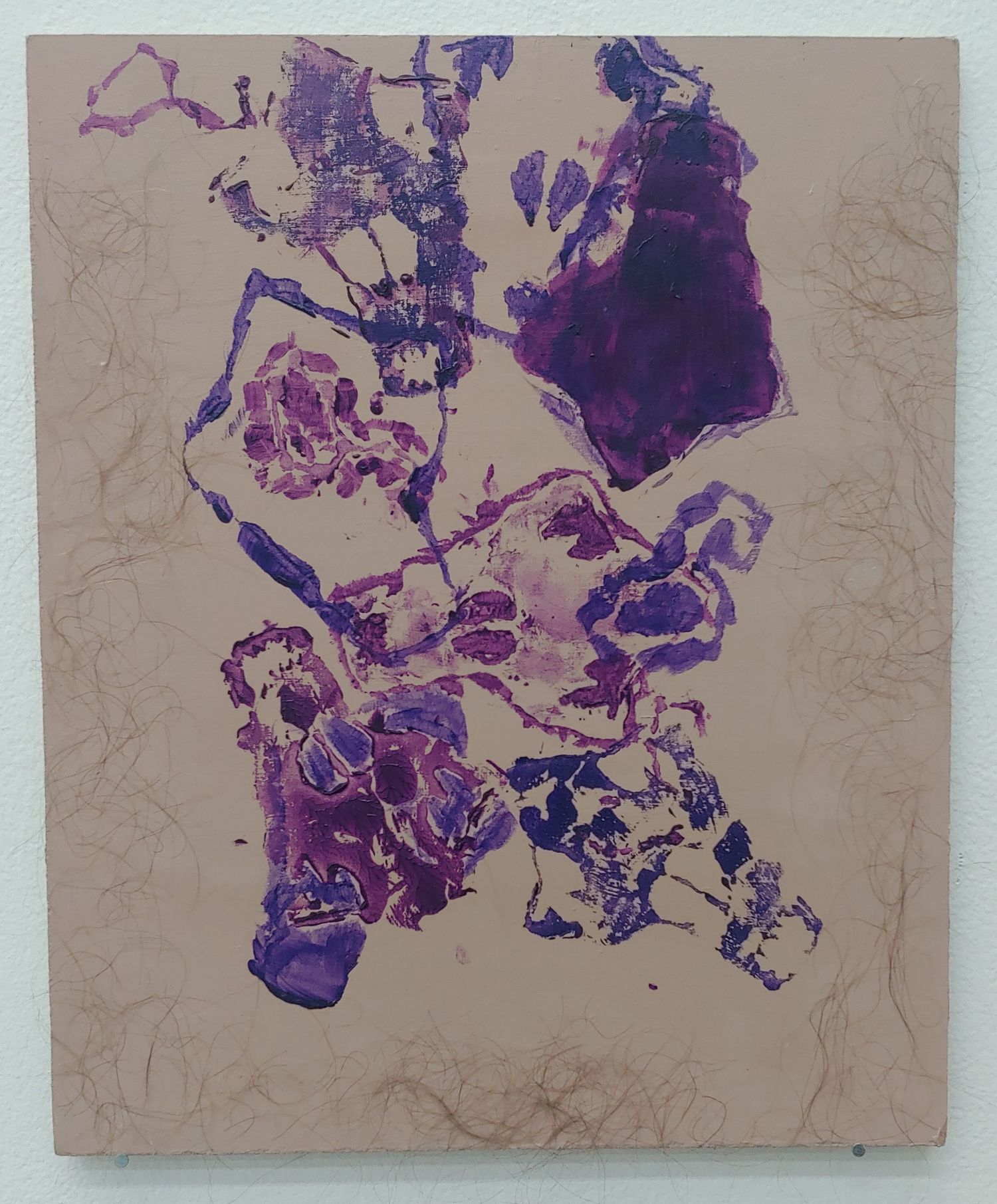 Tattoo stencil placement painting. Wood panel, acrylic paint, and human hair.