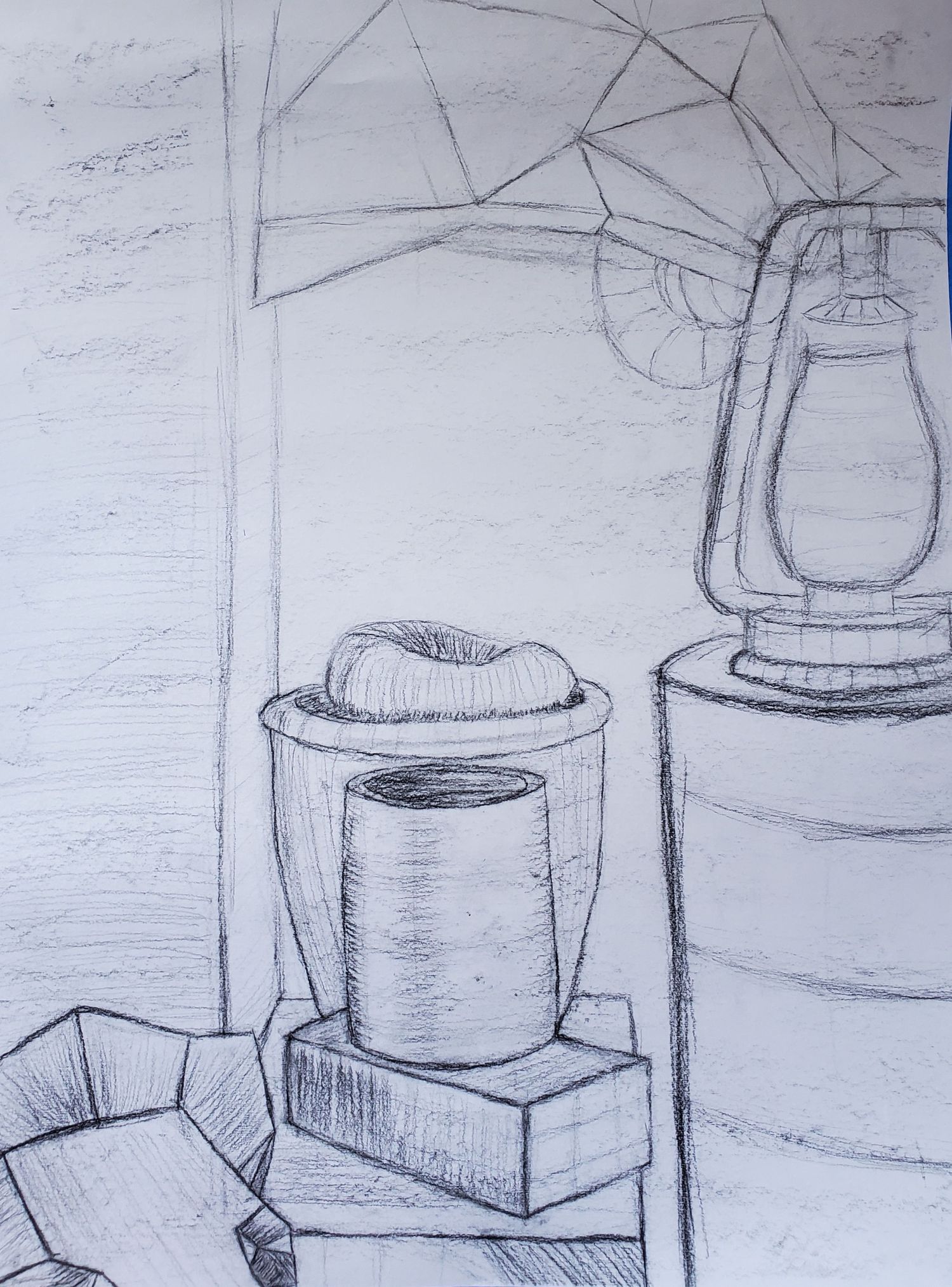 Still life study in charcoal and on newsprint. Working on figure shapes, shadows, light, placement, and accuracy.