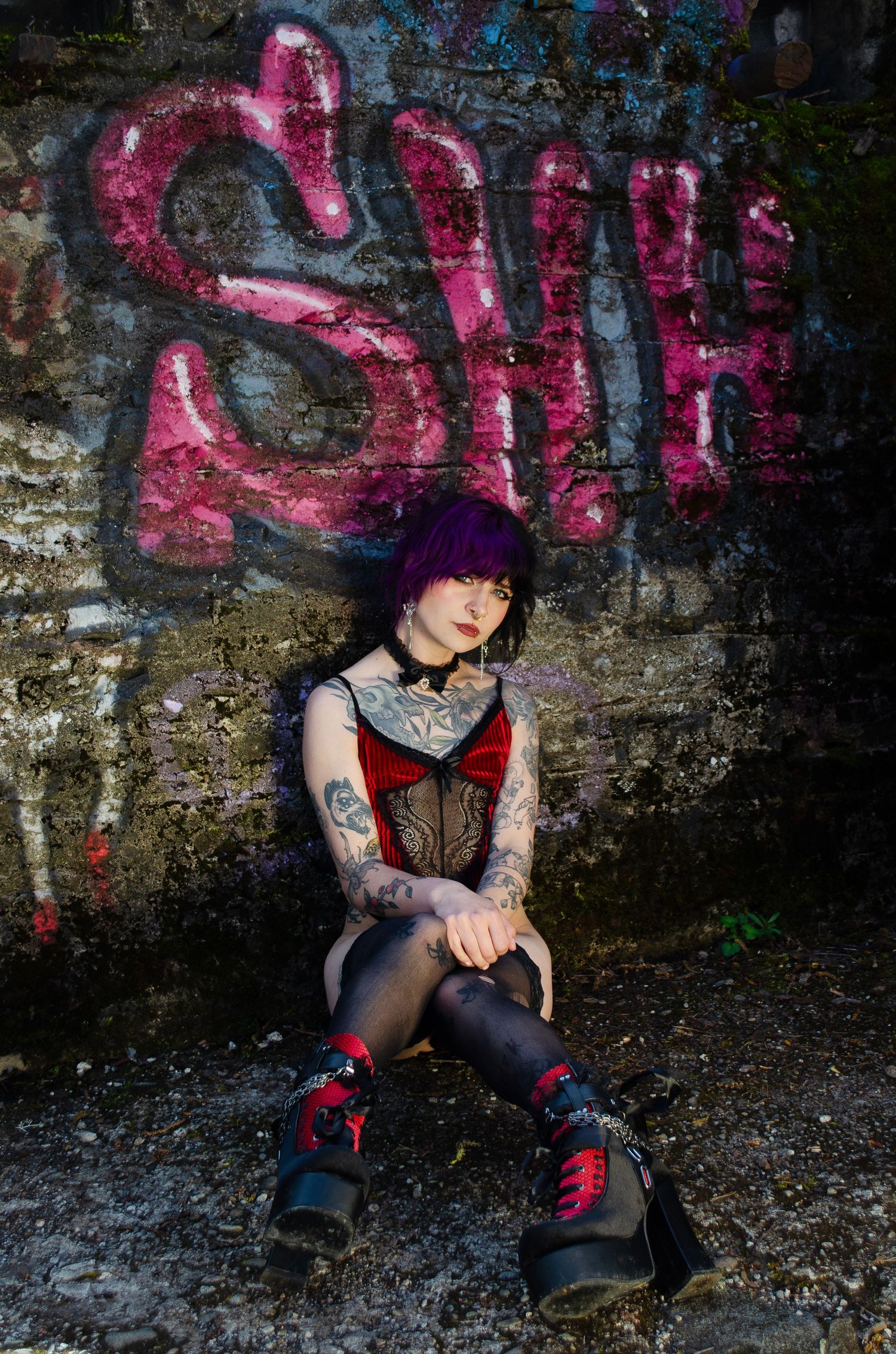 Alternative urban pinup shoot near a ghost town.