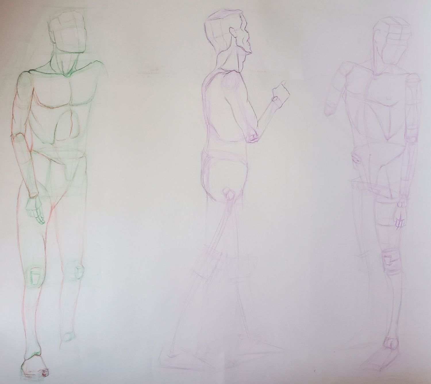 Nude male model figure study on newsprint with colored pencils.