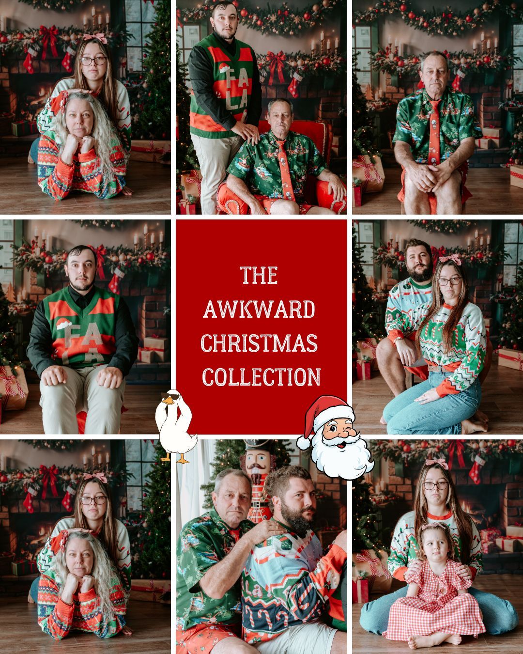 Collage of couples in ugly Christmas sweaters posing for The Awkward Christmas Collection holiday photo shoot.