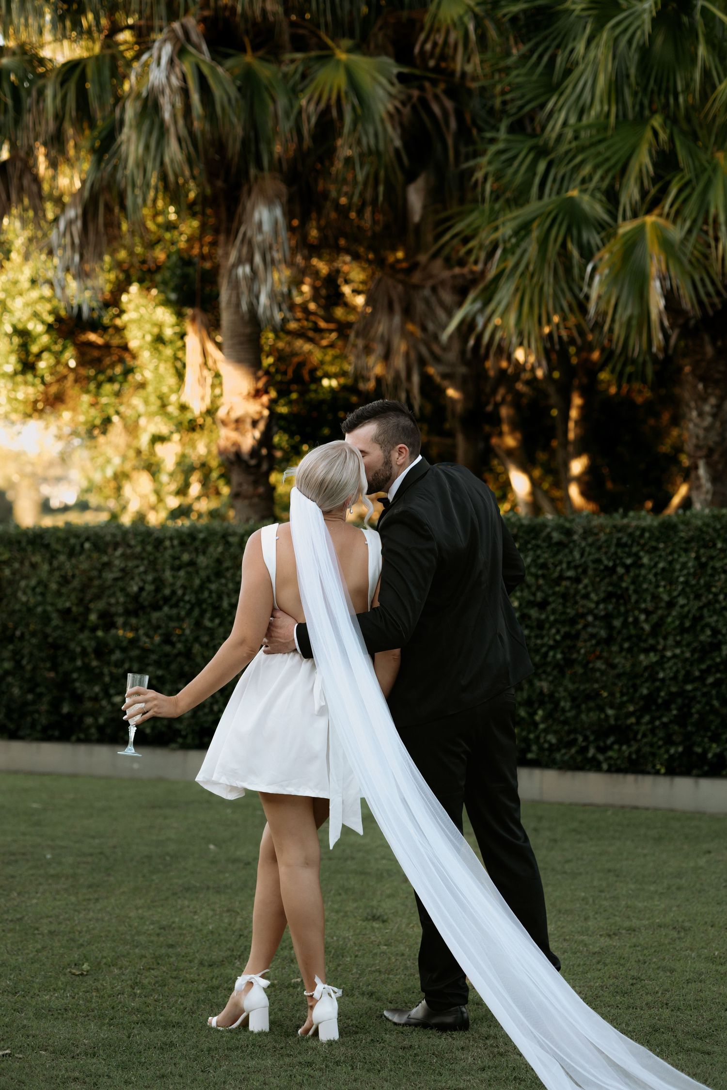 Bride in short white dress and veil kisses groom in black tuxedo on green lawn with palm trees.