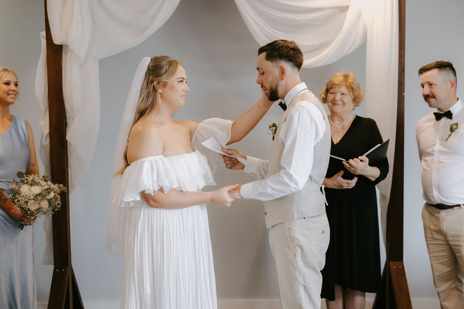 A series of candid wedding preparation moments showing the bride and groom getting ready with their wedding party.