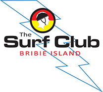 The Surf Club Bribie Island logo with a lightning bolt, surf lifesaver icon, and bold text in red, black, and yellow.