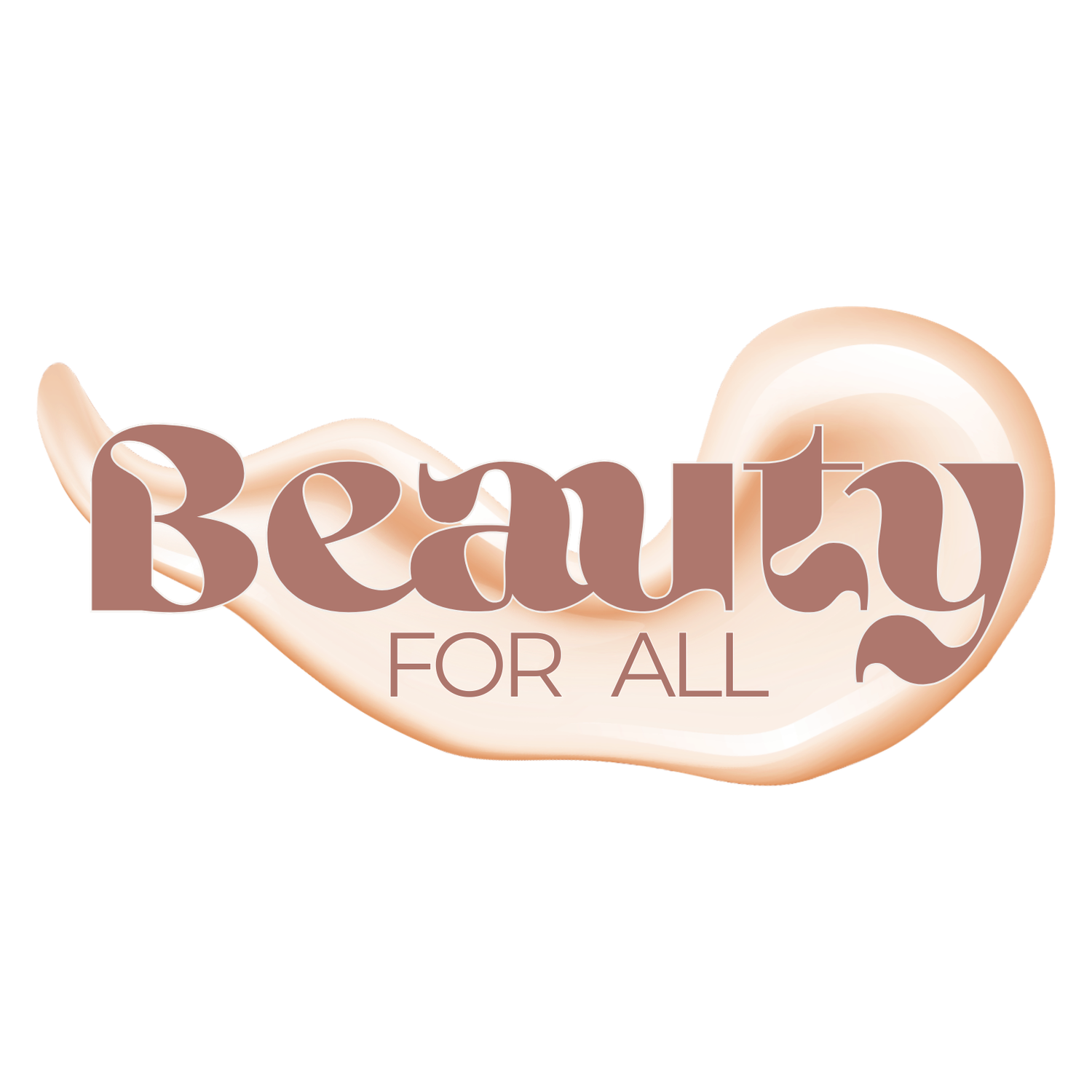 Beauty For All logo with elegant serif typography on a peach foundation cream swirl background.