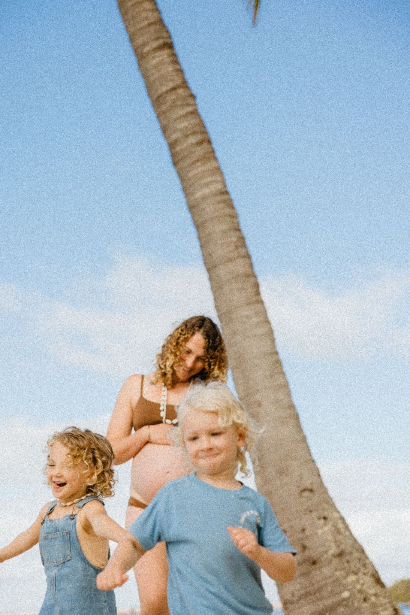 Pregnant mother with two young children playing near a leaning palm tree on a sunny beach day.