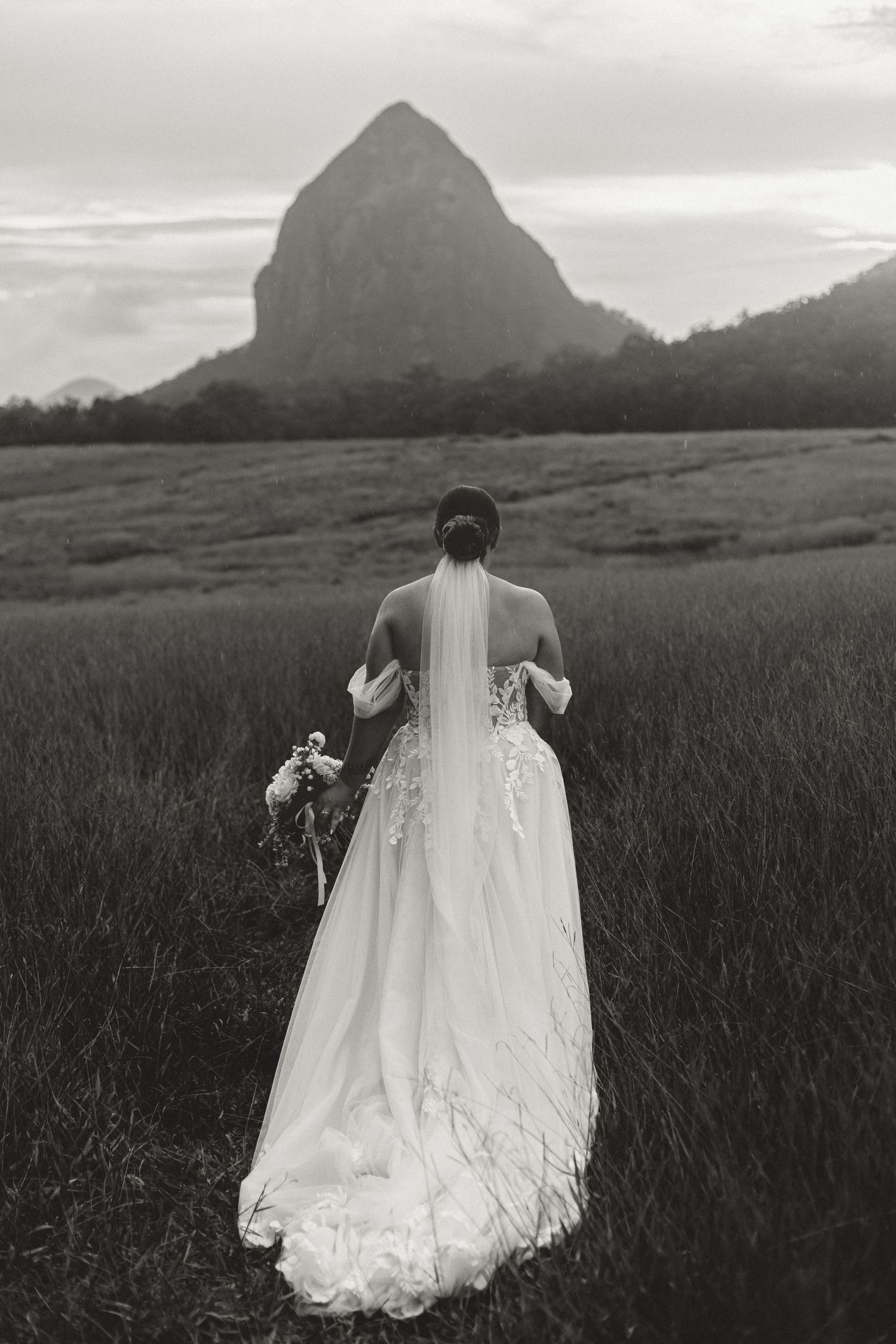 Silhouette of bride's dress against mountain landscape in dramatic black and white.