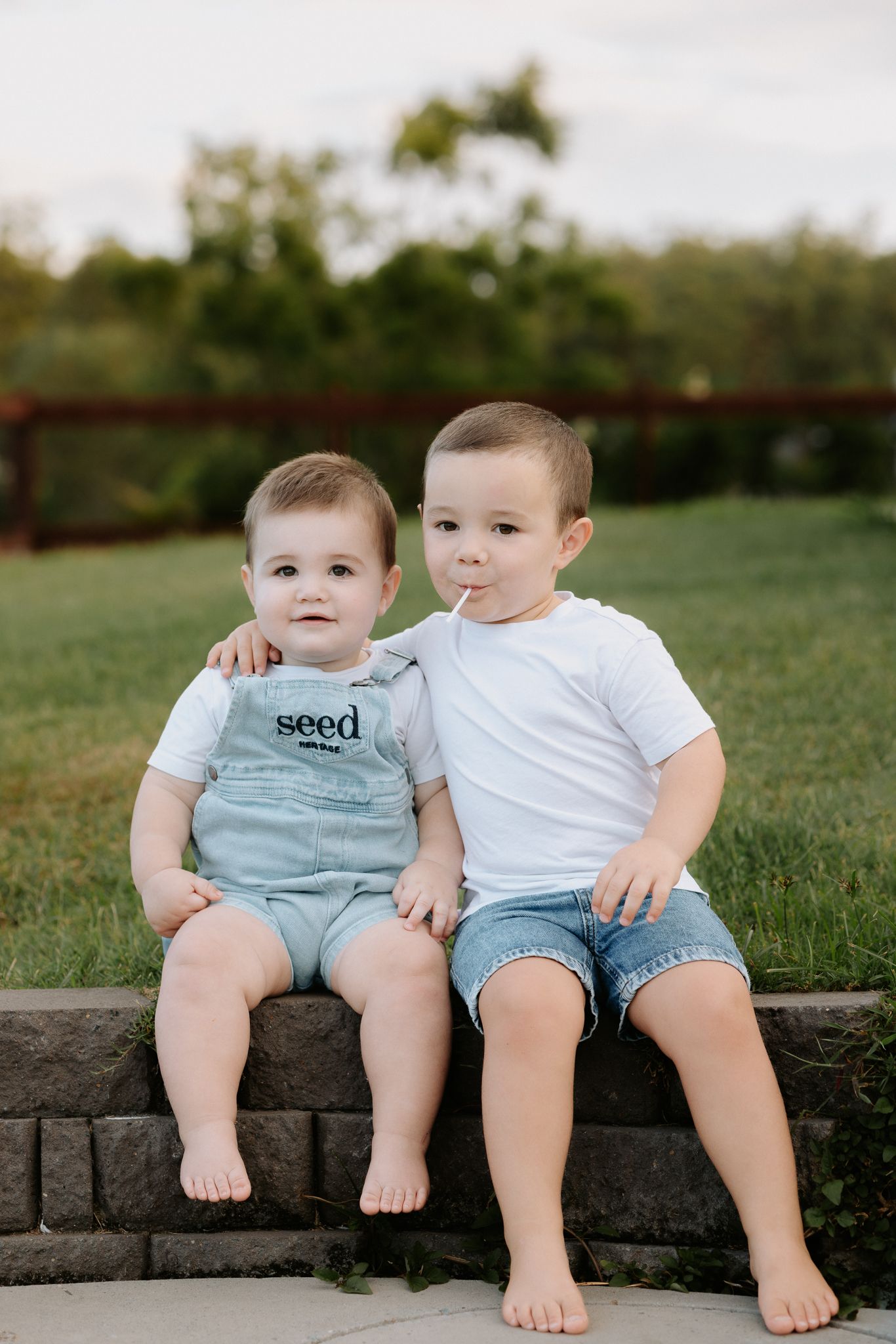 Two young brothers sitting together on a stone ledge outdoors, wearing casual summer outfits in a green park setting.