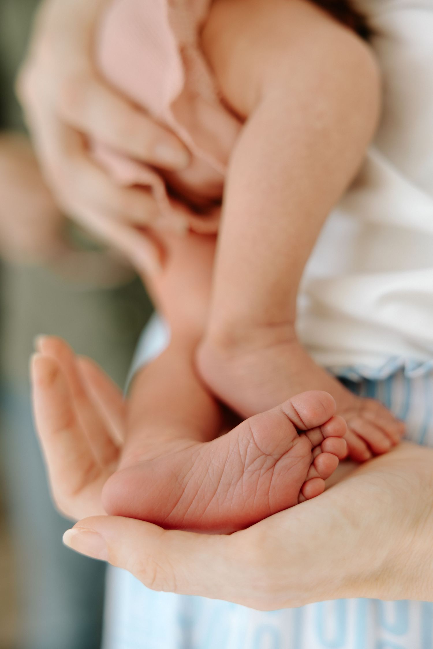 Close-up series of tiny newborn baby hands and fingers against a soft white background.