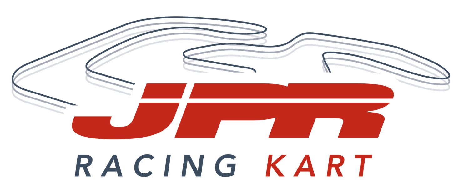 JPR Racing Kart logo featuring bold red letters and a gray kart track silhouette above the text.