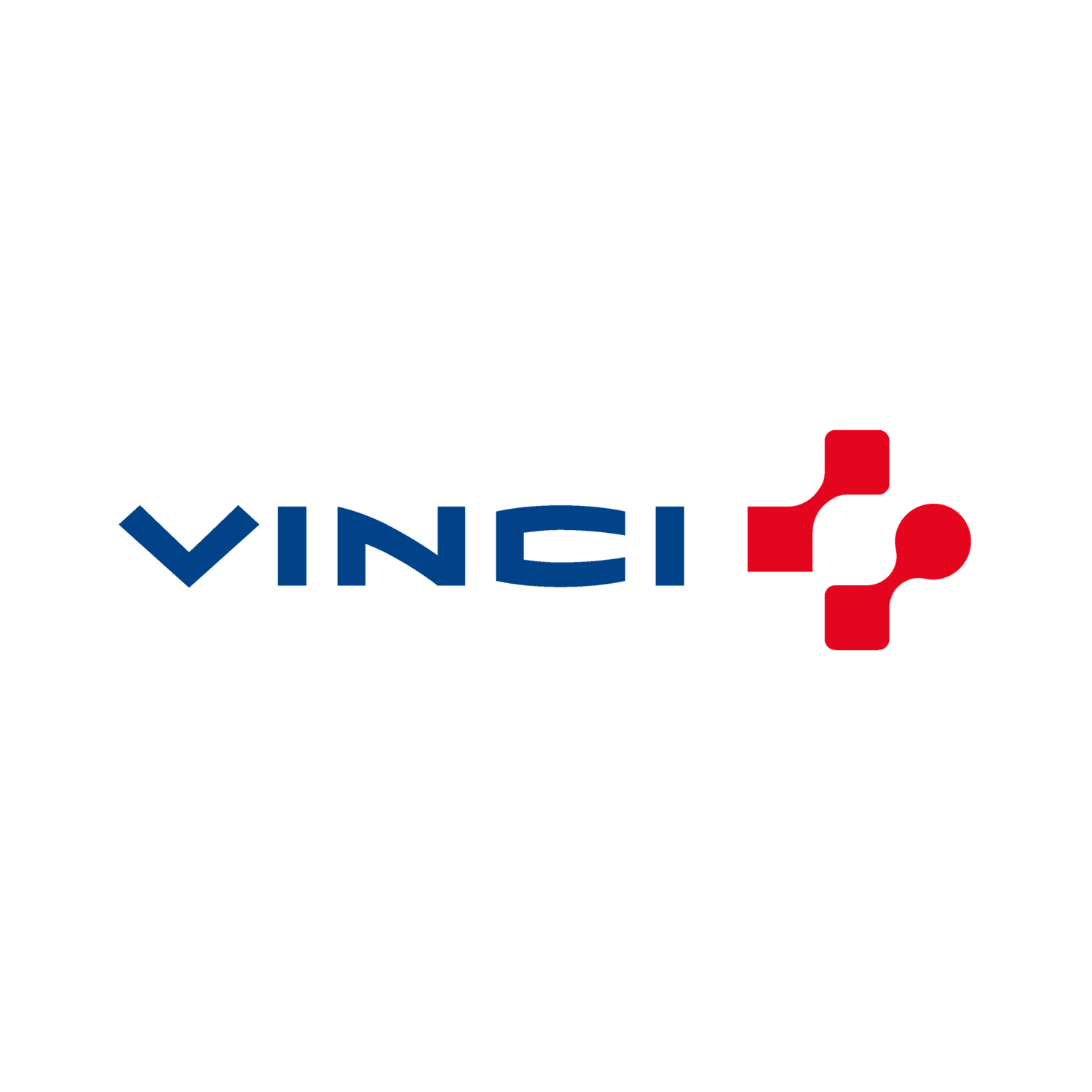 VINCI company logo featuring bold blue text and a red geometric plus symbol on white background.