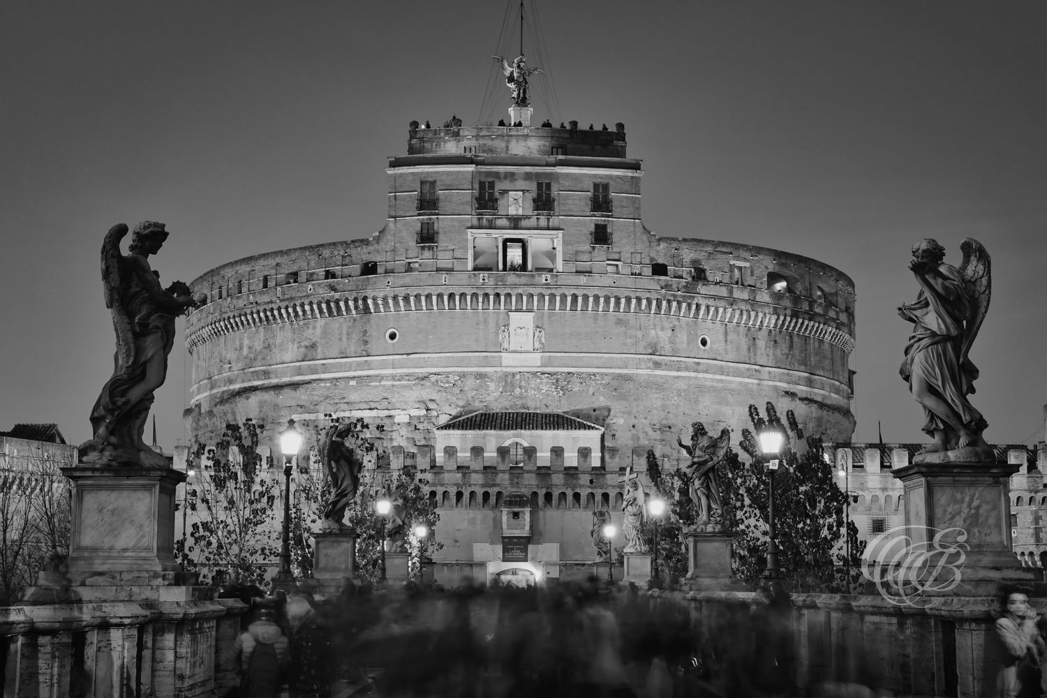 Italy – Castel Sant’Angelo at evening - Rome – black and white photo of the historic fortress by the Tiber, by Eduardo Bartoli