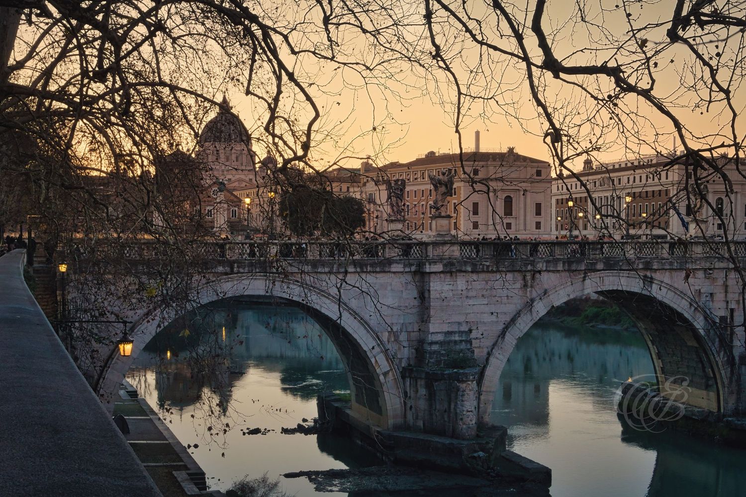 Italy – Vatican and Ponte Sant’Angelo - Rome – historic bridge over the Tiber with view toward St. Peter’s Basilica, photograph by Eduardo B