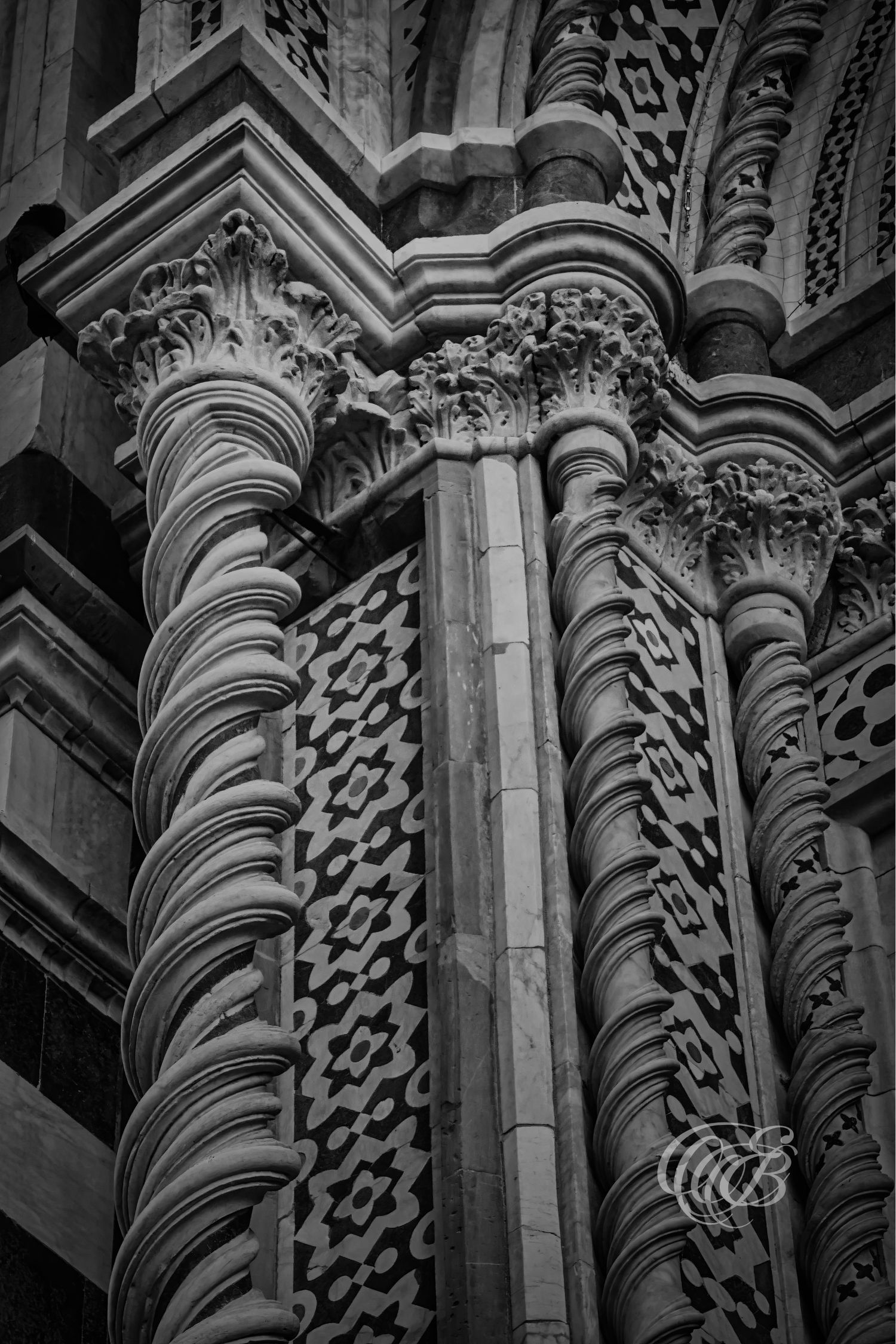 Italy – Santa Maria del Fiore ornaments - Florence – black and white photo of cathedral marble details, by Eduardo Bartoli